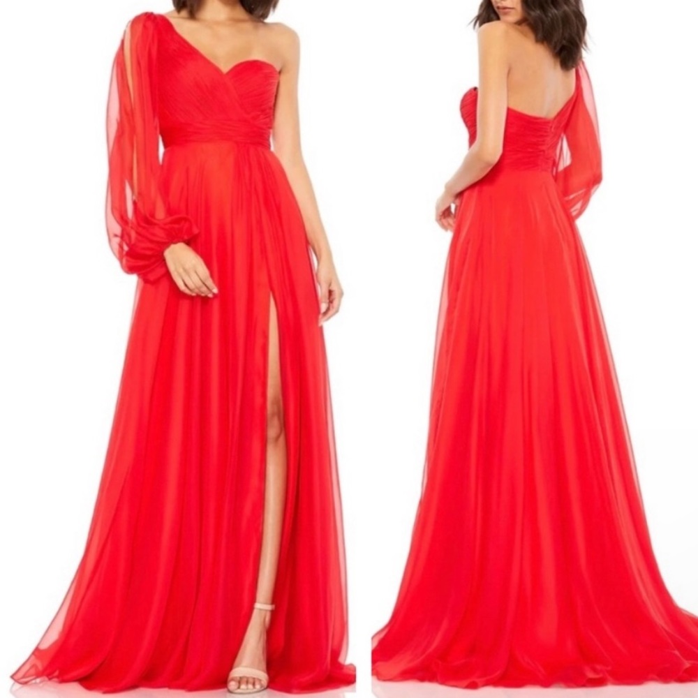Mac Duggal Red Flowy One Sleeve Chiffon Gown Maxi Dress NWT 0